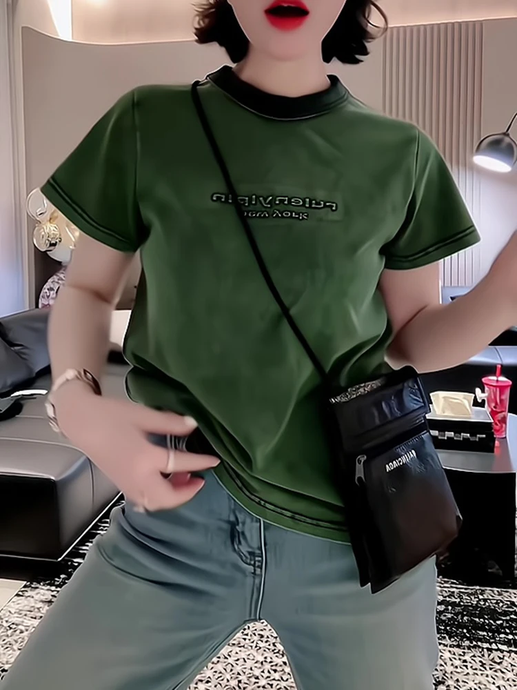 

Slim Fit American Retro Design Summer T-irt Women's Casual Top Small Size Simple Sle Commute Wind ort Sve round Ne