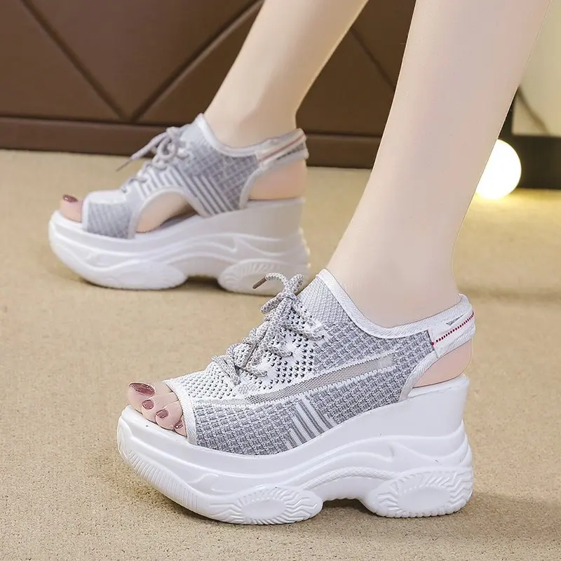 White Women Platform Sandals 2023 Summer New Knitted Fish Mouth Shoes High Heels Chunky Platform Sports Sandals Female Sneakers