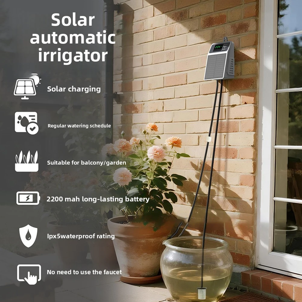 

USB-C Garden Timer As Shown Solar Plant Waterer 2200mAh Lithium Battery Solar And USB-C Charging IPX5 Waterproof Rating