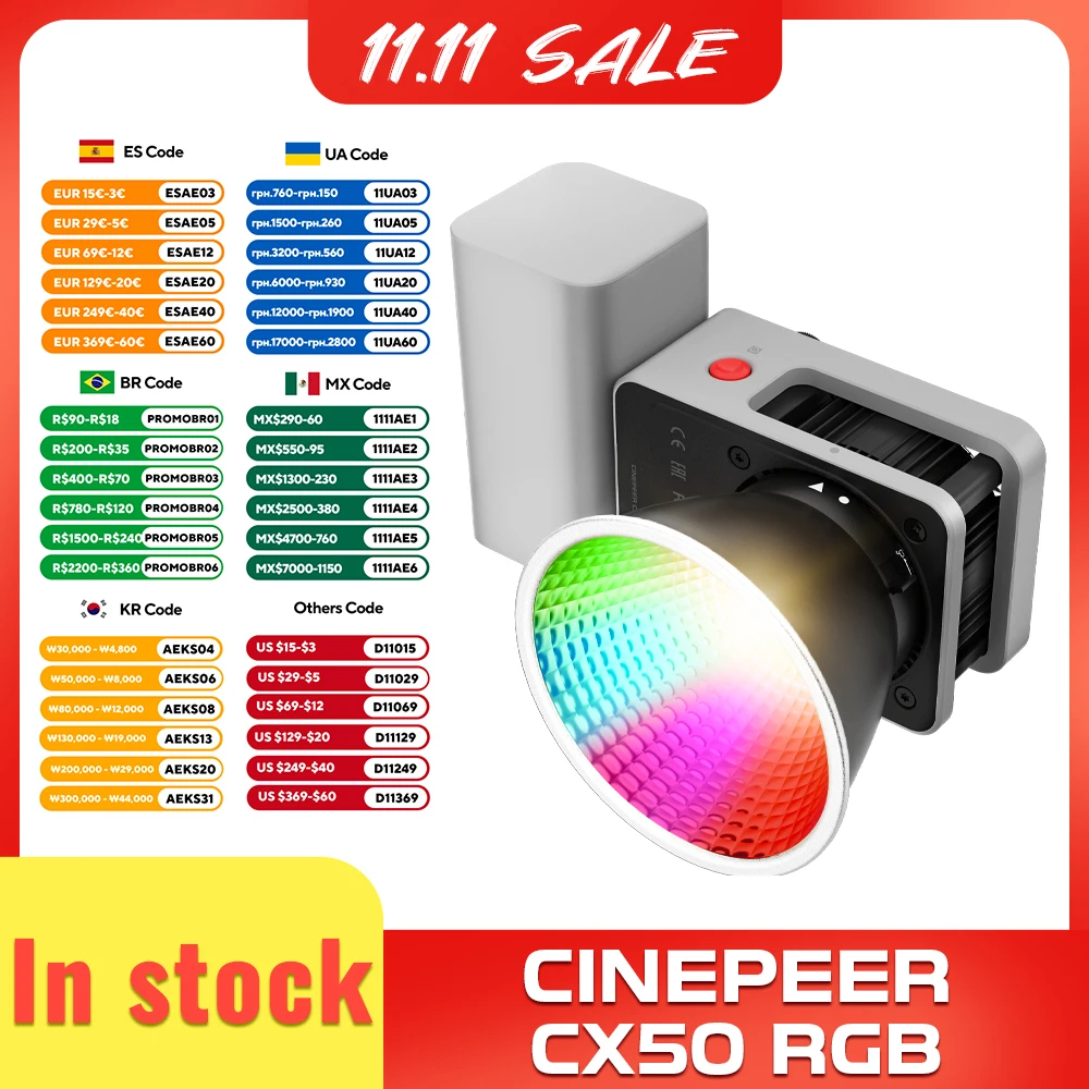 

ZHIYUN Official CINEPEER CX50 50W RGB Video Light Full Color 2700K-6500K Portable Camera Light App Control for Photo Studio