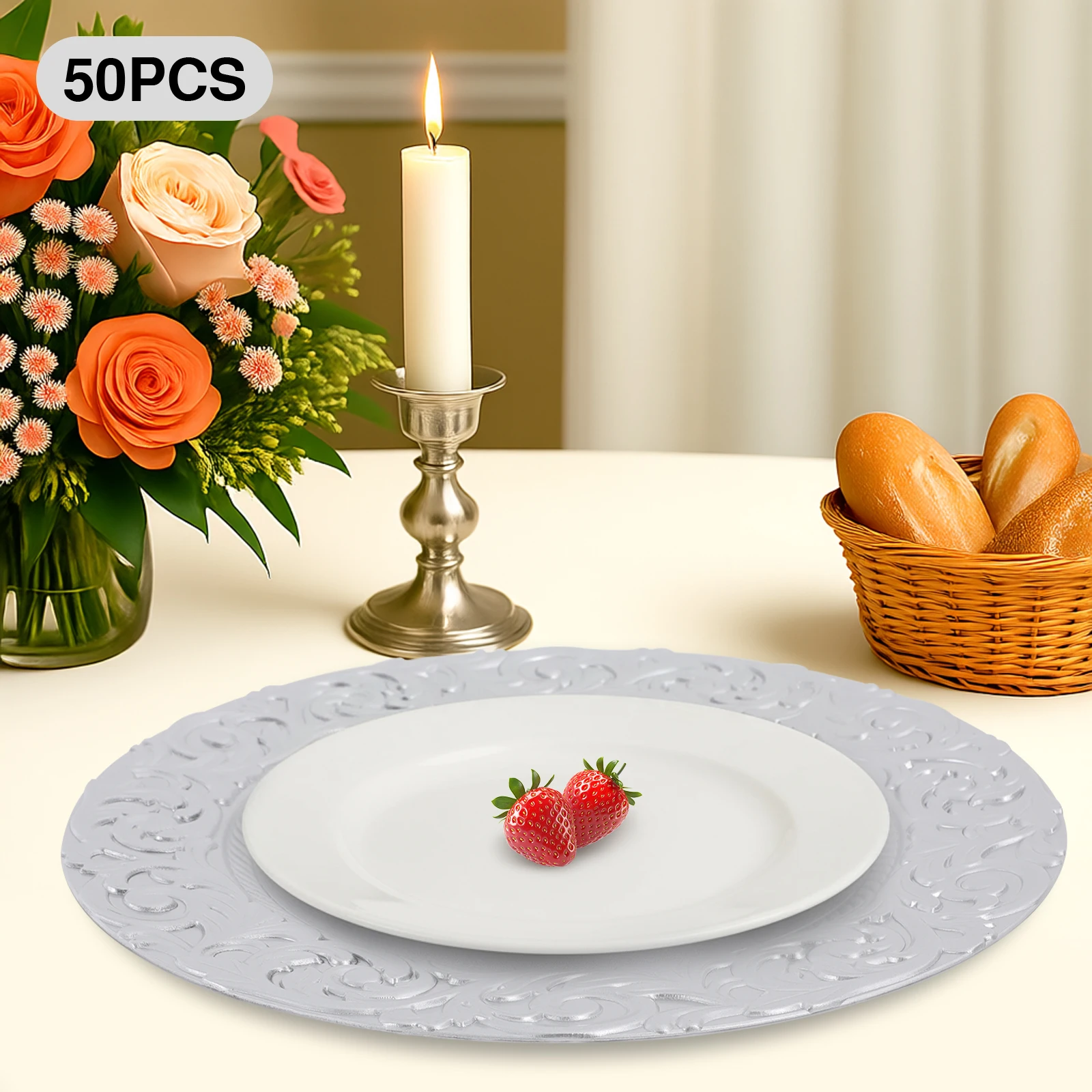 

50 шт. пластиковые тарелки для зарядного устройства, сервировочные тарелки, декоративная тарелка, для вечеринок, свадеб, банкетов, ресторанов (серебро, 13 дюймов)