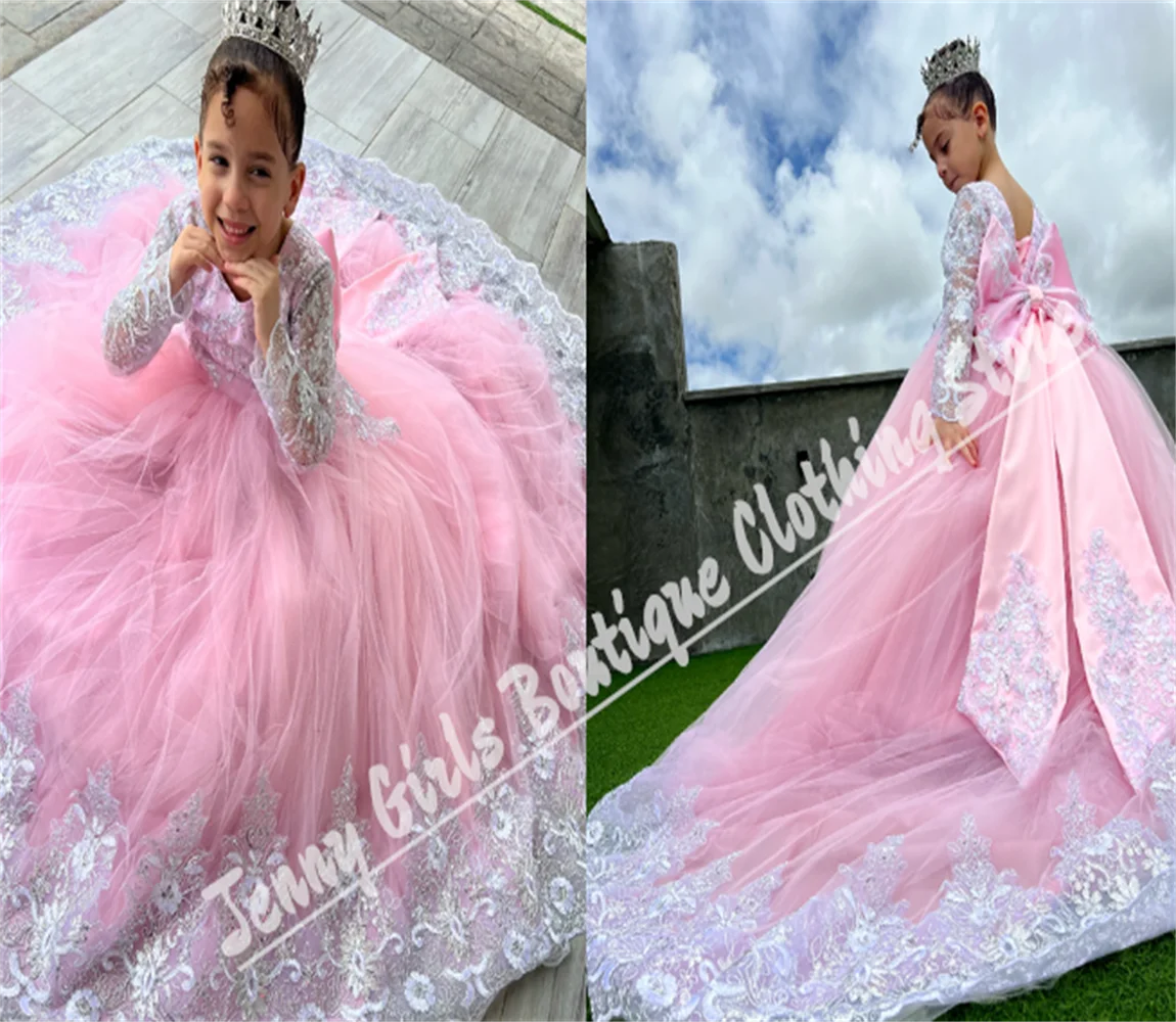 

Розовое платье с цветочным узором для девочек, пышный бант, серебряная аппликация, элегантное детское платье для первого причастия, дня рождения, индивидуальное платье