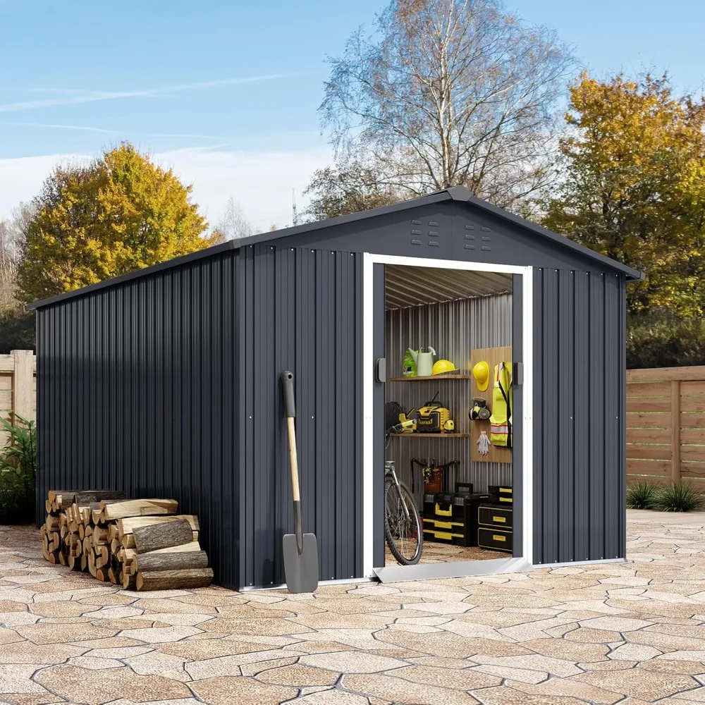 

8 X 15 Ft Outdoor Storage Shed, Spacious Garden Tool Sheds with Lockable Door (Lock Not Included) and Vent, Durable Metal Patio