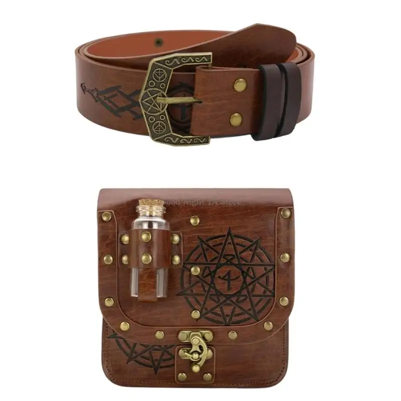Set of 2pcs Medieval Alchemist Bottle Waist Belt Set For Role Playing Costume Accessories PU Leather