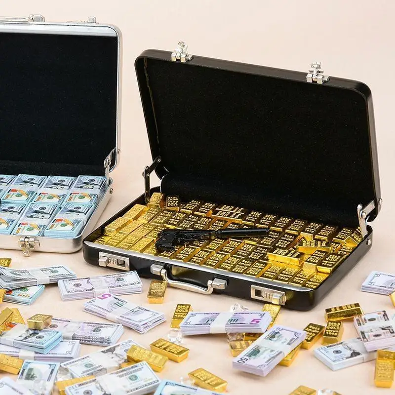 1 Juego de maletas de aleación en miniatura para casa de muñecas, caja de efectivo con contraseña y barras doradas | Juguete de fotografía y juguete de fotografía para juegos de rol para niños
