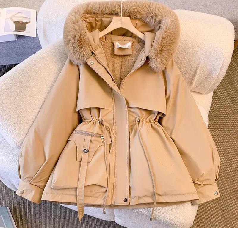 양털 안감 후드 다운 재킷 여성용 겨울 코트 따뜻한 드로스트링 패딩 파카 한국 캐주얼 스트리트웨어