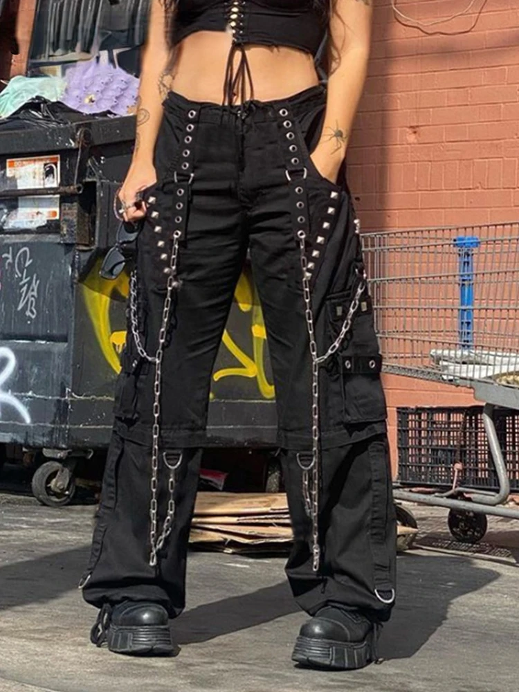 CyberPunk Y2K Bandage Cargo Pants Chain Pockets Baggy Jeans Grunge Goth Black Sweatpants Women 90s Aesthetic Street Trousers Alt