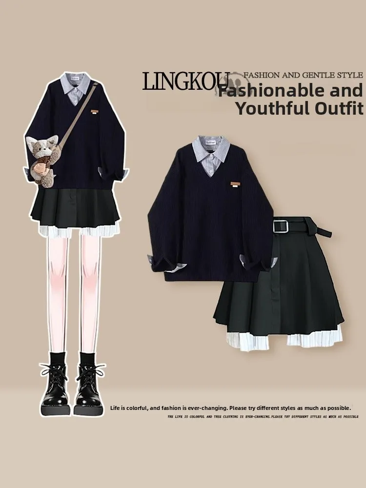 

Large Size Autumn College Sle Set Women's Anti-Aging Fake Two-Piece Collar Top with Slimming ort Skirt Two-Piece Set