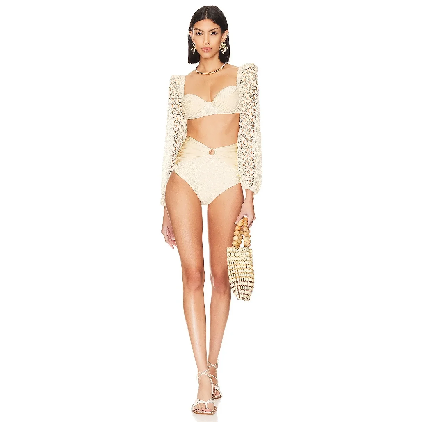 Knit Mesh Crochet Long Sleeve Bikini Sets Cut Out Stretch Swimsuit Cover Up Luxury Swimwear Women\'s Beach Outfits Beachwear 2024