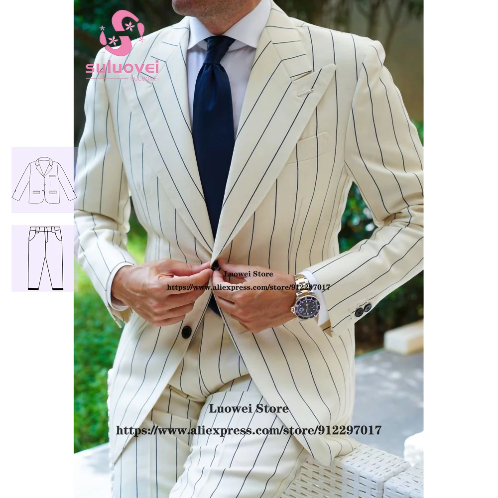 

Fashion White Striped Suits For Men Slim Fit 2 Piece Pants Set Formal Groom Wedding Peaked Lapel Tuxedo Terno Masculino Completo