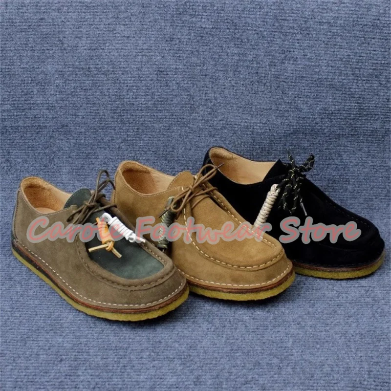 Retro Square Toe Chunky Heel Genuine Leather Male Shoes Large Size Lace-Up Outside Casual Shoes Men's Breathabale Sneakers