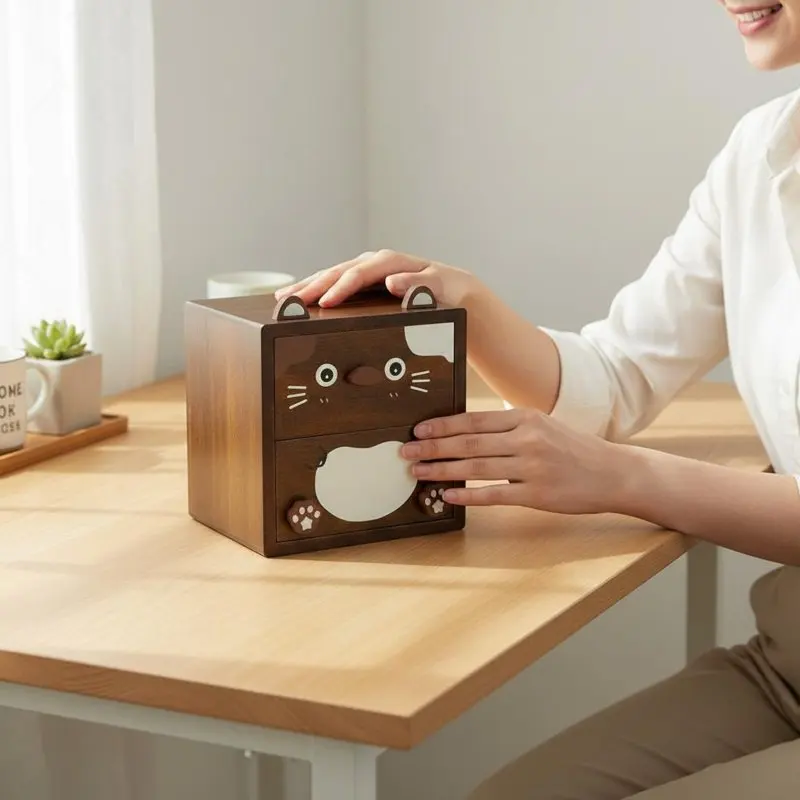 

Cute Wooden Makeup Organizer Great Gift Suggestion Wooden Cat Storage Box 2-Drawer Cat Organizer Space Saving for Girls