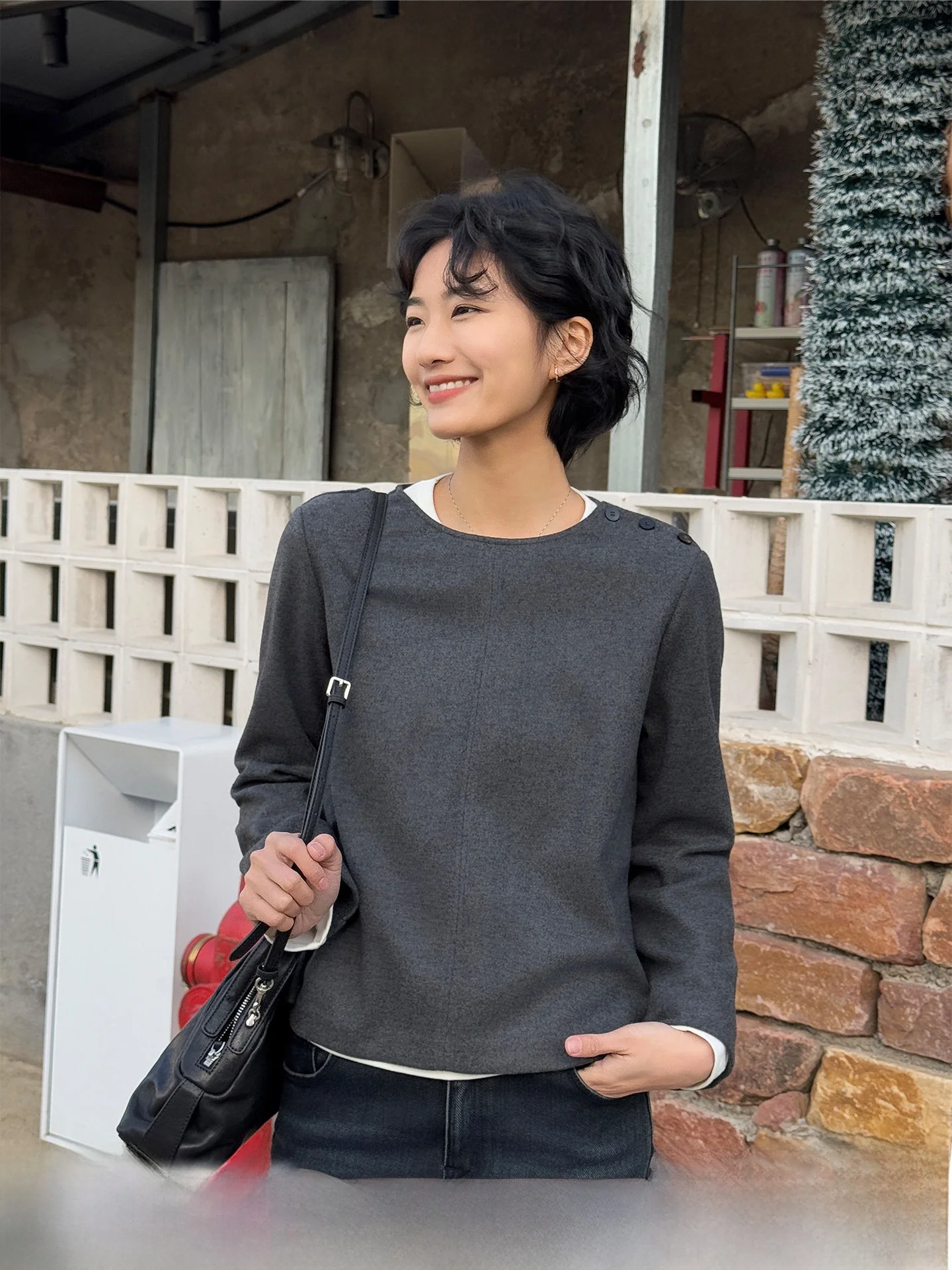 

Casual Grey Wool Blend Sweatshirt Fashionable Versatile Women's Spring 2026 New Arrival Comfortable Long Sleeve round Neck Top