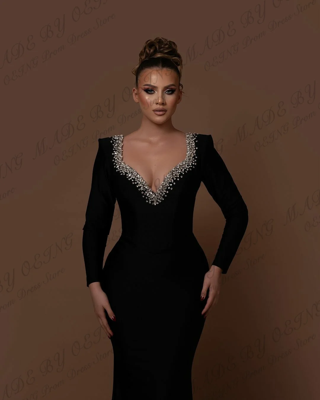 OEING Simple Black Mermaid Evening Dresses Dubai Arabic Women Beads Long Sleeves Square Neck Floor Length Party Gowns Customized