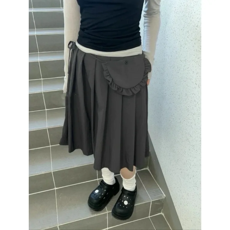 

2026 Summer New Style Women's Pleated Skirt Set with Small Waist Bag Vintage School Style High Waist Japanese Style Lace Trim