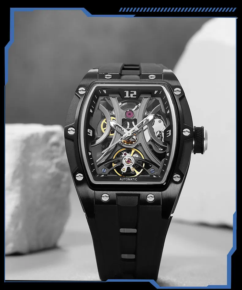 MEGIR Sport-Stil, automatische mechanische Uhr für Herren, voll hohl, transparentes Zifferblatt-Design, Edelstahlgehäuse, Silikonarmband – Detail 31