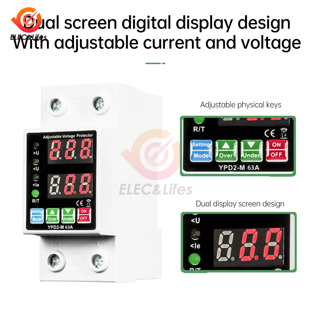 Voltmetro amperometro su guida DIN 2 IN 1 AC 220V 40A 63A Display a LED Display di tensione Display di corrente Alta definizione ad alta precisione