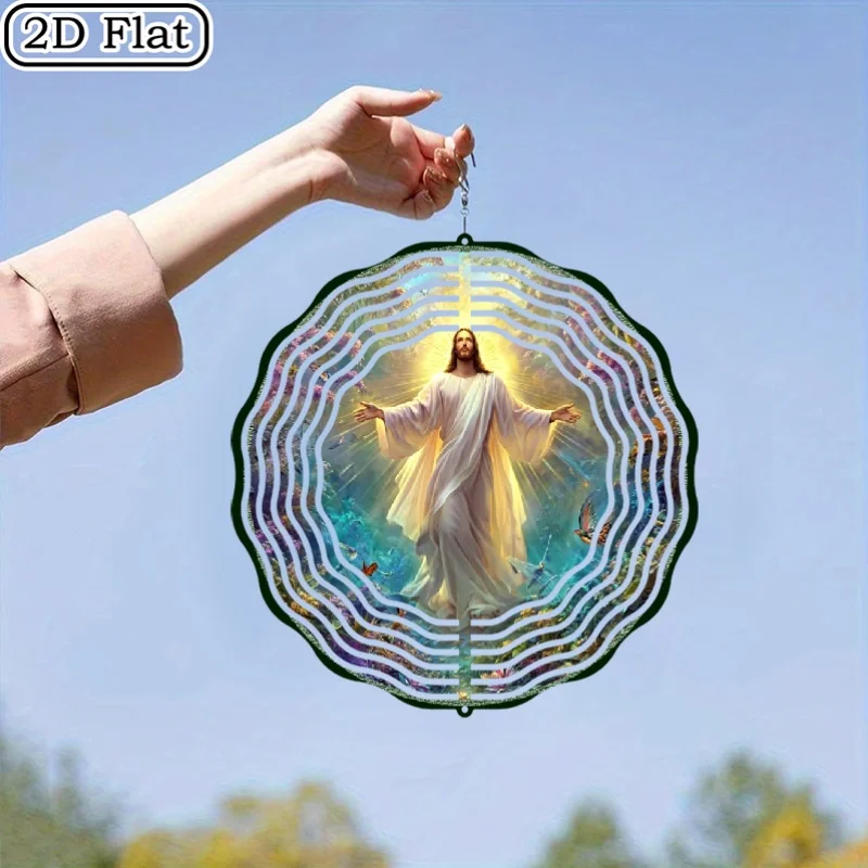 2D Wind Spinner - Wind Spinner with a Christ Figure, As Well As Color-Changing Butterflies And Doves, Made of Iron.