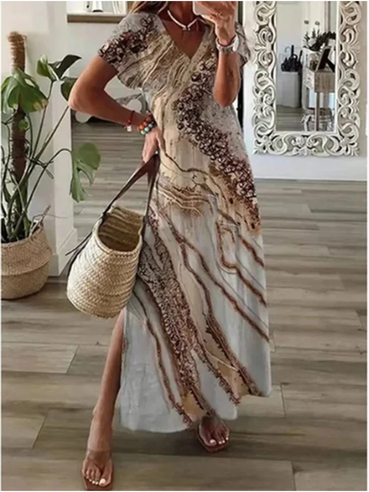 2024 New Summer Fashion V-neck Printed Dress Women\'s Solid Color Pocket Casual Minimalist Beach Long Dress