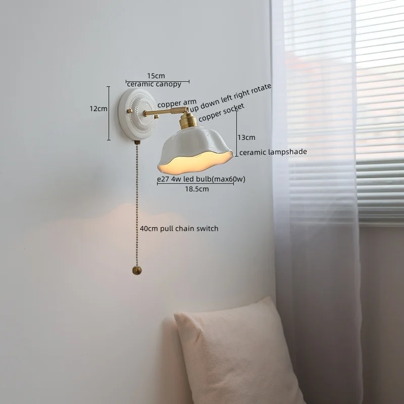 IWHD Pull Chain Switch Wall Light  Ceramic Nordic Modern Coffee Bedroom Living Room LED Wall Lamp Copper Home Decor