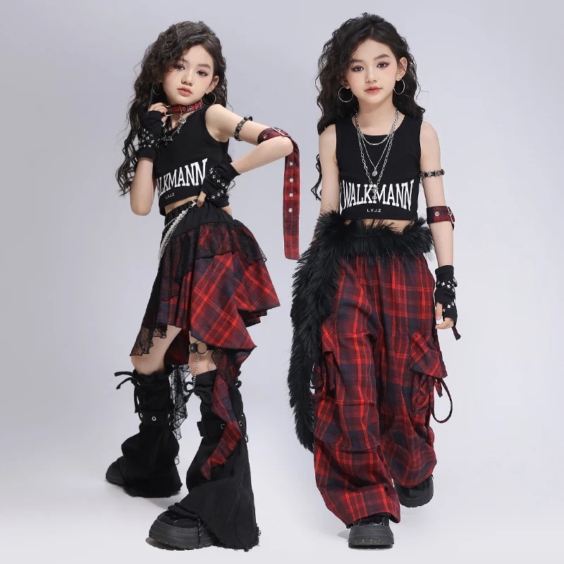 Abbigliamento Hip Hop per ragazze Punk Crop Top Pantaloni cargo Bambini Street Dance Gonna scozzese Set di vestiti Bambini Streetwear Abiti per adolescenti