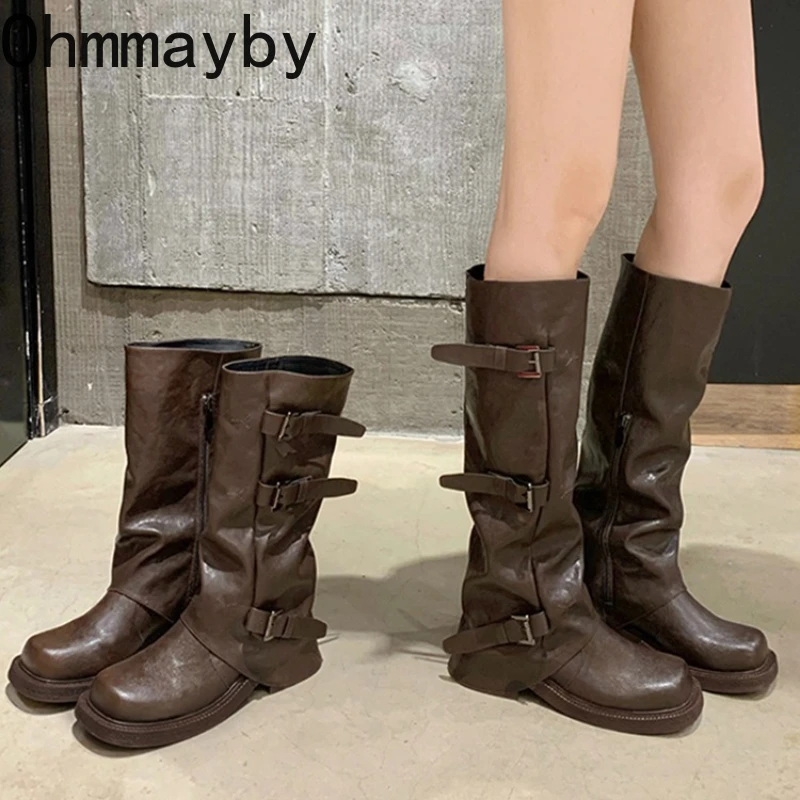 Fivela de cinto vintage mulher ocidental botas de cowboy moda deslizamento em salto baixo botas longas botas de inverno feminina