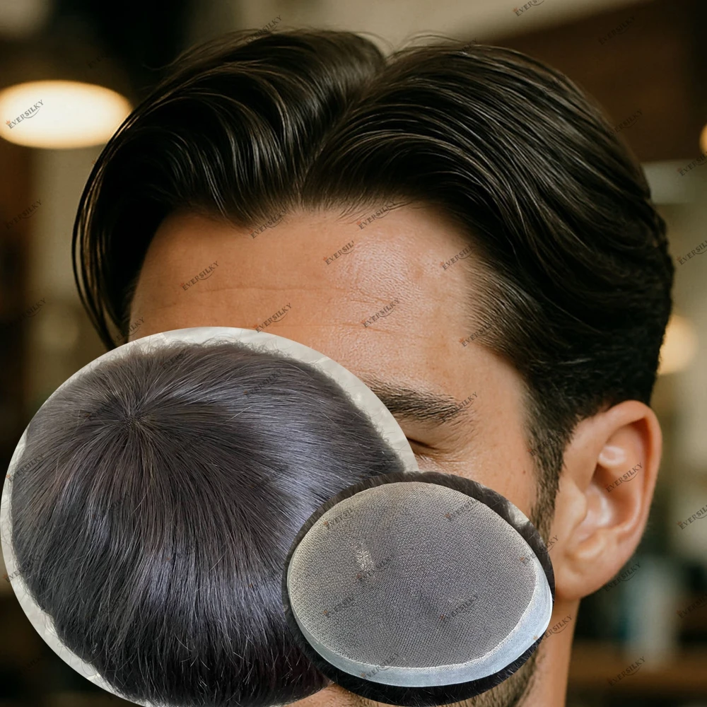 

100% Human Hair Undetectable PU Skin with Lace Base Men's Hair Replacement Capillary Prosthesis #1 #1B Male Black Hair Toupee