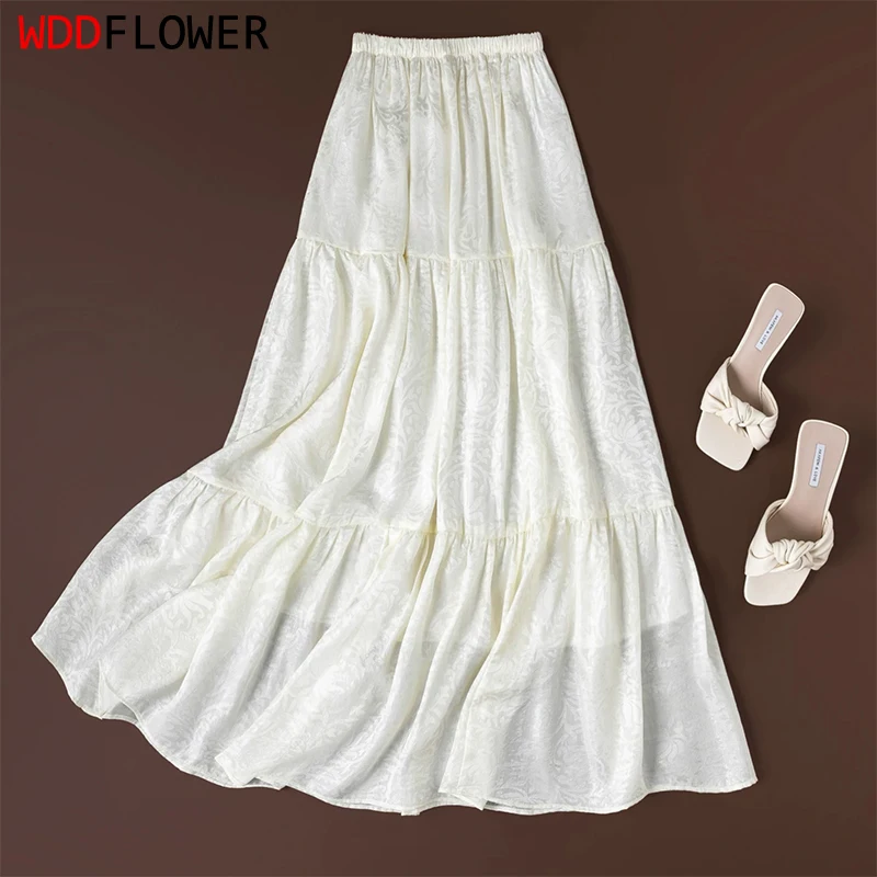 Women Silk Skirt 100% Mulberry Silk Solid Cream-White Color Big Hemline Long Type Skirt With Lining Summer Beach M1712