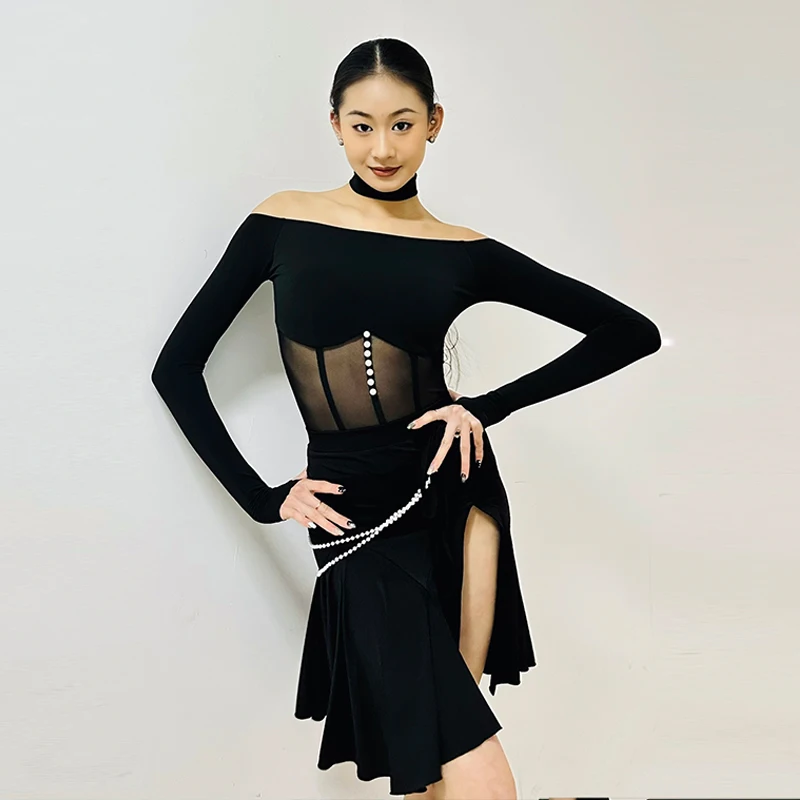 

Black Mesh Off Shoulder Adult Latin Dance Costume Elegant Ballroom Bodysuit For Womens Performance Training Clothes VBH1361