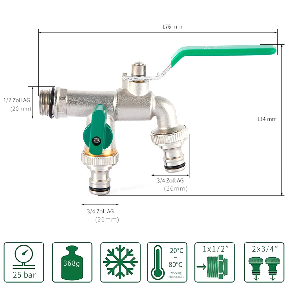 Brass Garden Hose Connector Double Outlet Irrigation Watering Valve Fitting With Anti Slip Handle For Faucet Ibc Tank Car Washin