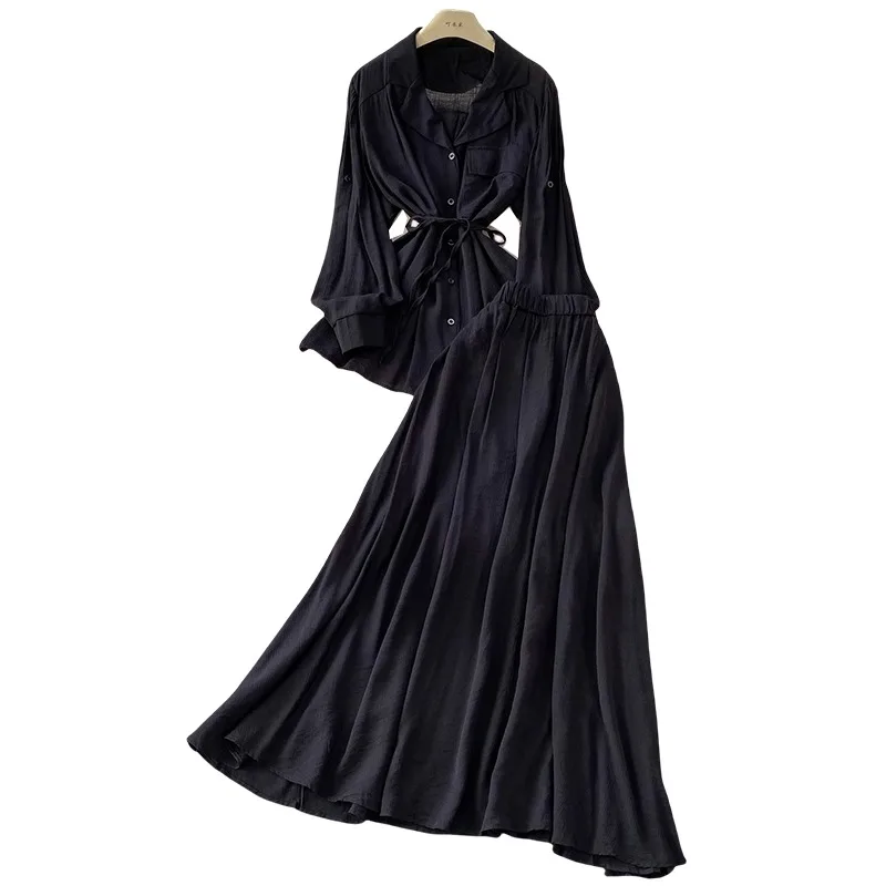 SuperAen Fashion Oversize Women Autumn New Casual Lace-up Waist Notched Long-sleeved Shirt High-waisted Long Skirt Sets