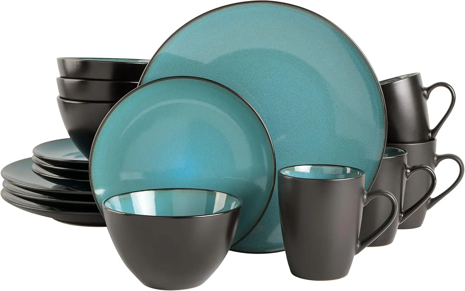 

16-Piece Reactive Glaze Stoneware Dinnerware Set, Service for 4 – Teal Plates, Bowls, and Mugs