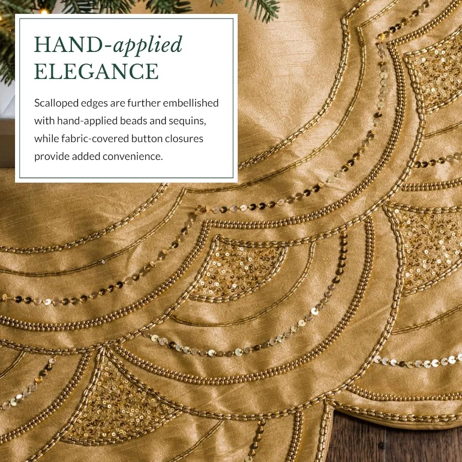 Elizabeth Beaded Christmas Tree Skirt - Cranberry Silver Gold Luxury Tree Skirts with Hand-Applied Beads for Tree Decor Gold 60