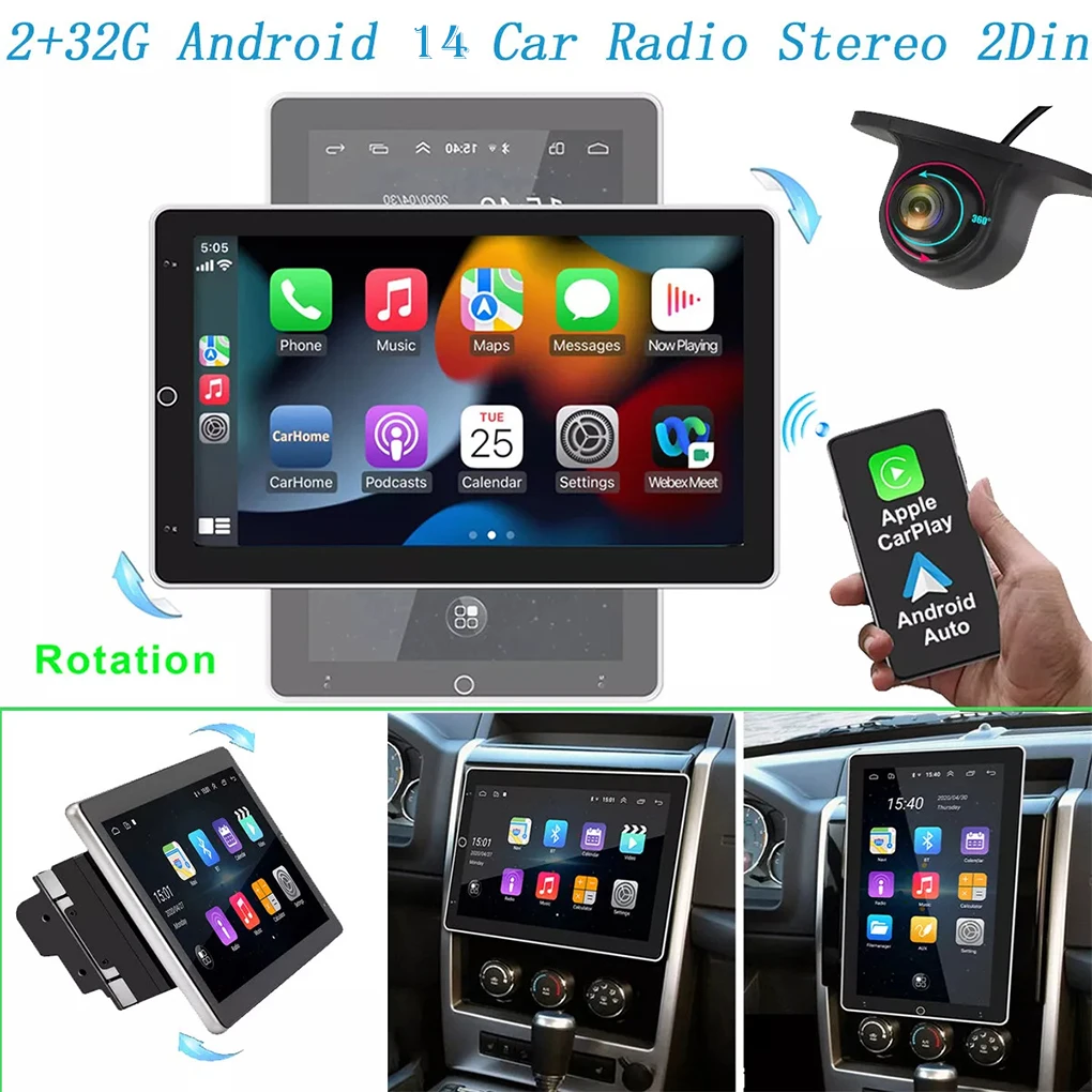 2+32G 10.1 Inch Universal Rotatable Screen Car Radio Auto Carplay Android 14 Multimedia Player GPS Navi Automotive Stereo AHD MP