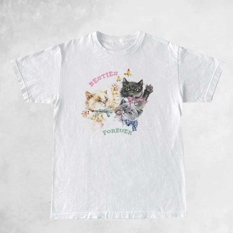 Women Cute Kittens T-shirts Oversized Vintage Aesthetic Cottagecore T Shirts Retro Boho Graphic Tees Female Fashion Tops Clothes