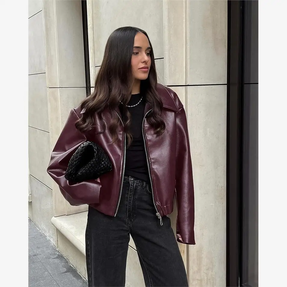 Jaet in pelle PU da donna allentata Autunno Inverno Nuovo Sle Chiusura con cerniera Moto Sle Colletto Flip Capispalla Lungo Sve