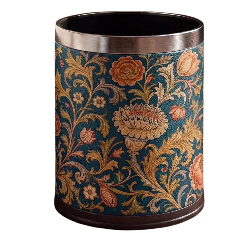Mid-century Vintage Floral Faux Leather Trash Can, Bin for Household Living Room Bedroom