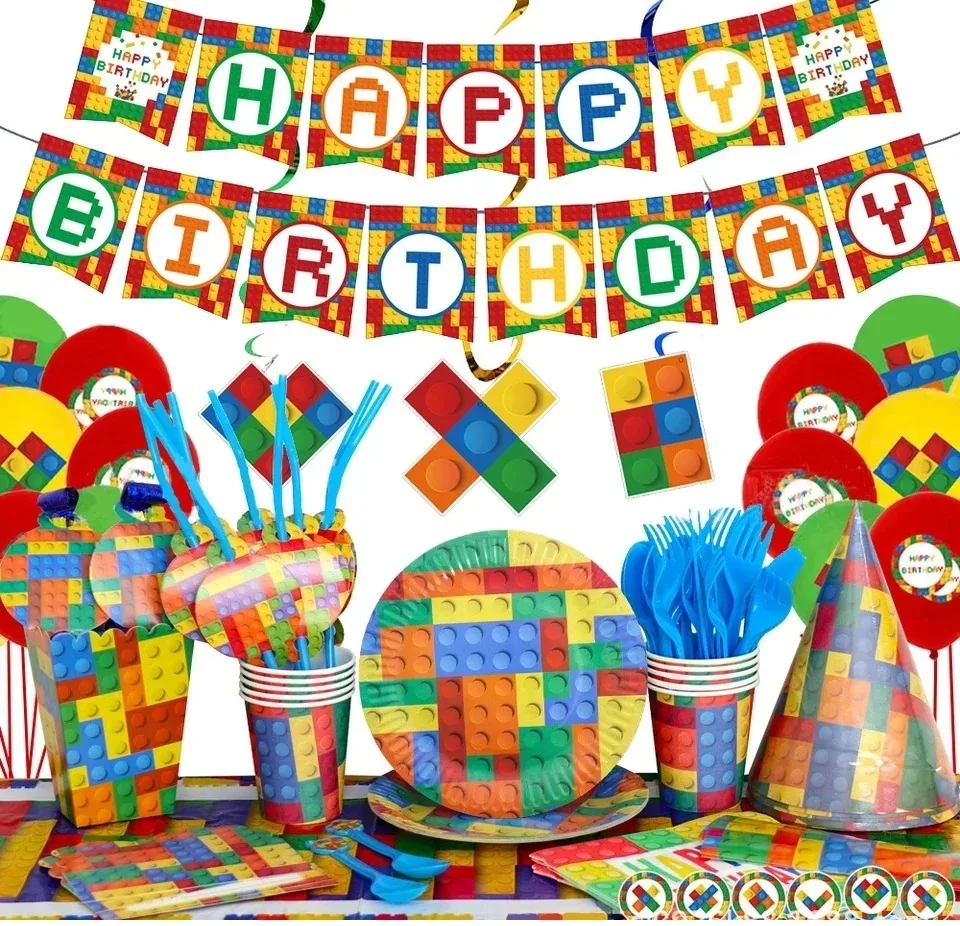 Colorful Building Block Party Supplies Disposable Tableware Cup Cake Topper Balloon Backdrop For Kids Birthday Party Decorations