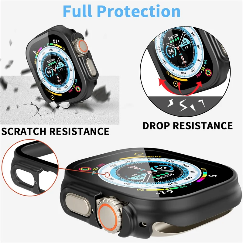 Vidrio + funda para Apple Watch Ultra 49mm PC parachoques + Protector de pantalla cubierta de caja de lujo templada para apple watch ultra 2 Accesorios