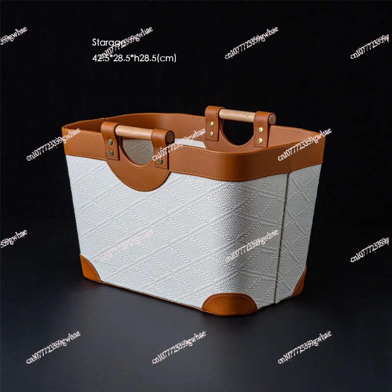 

White pearl relief outer seam leather solid wood handle multi-purpose storage basket dirty clothes