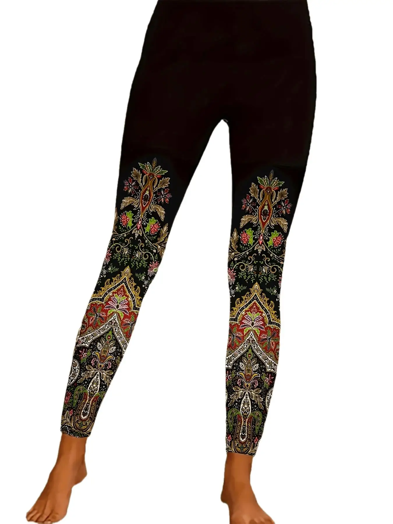 Women Fleece Lined Leggings Ethnic Ornamental Calf Print Mid‑Waist Cozy Winter Bottoms