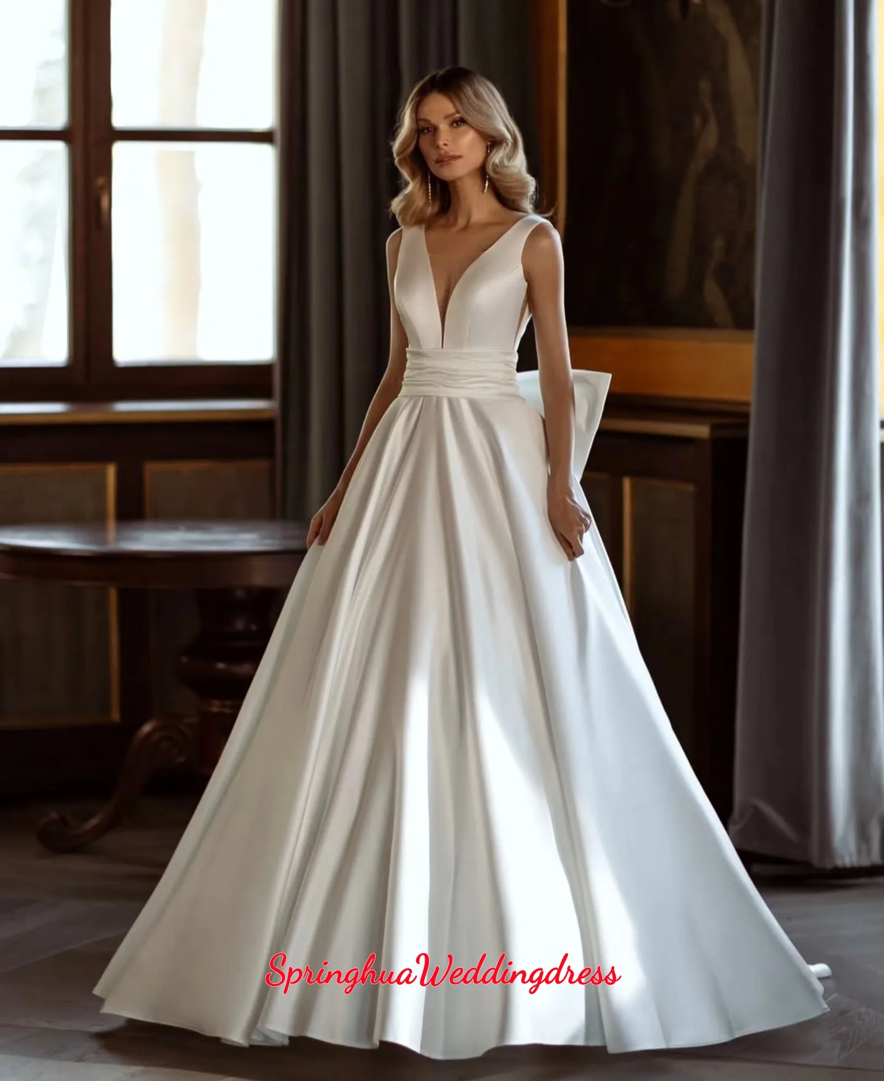Customized Satin Wedding Gowns With Bow Robes Longues Modern Bridal Dinner Party Gowns V Neck Vestidos De Novia