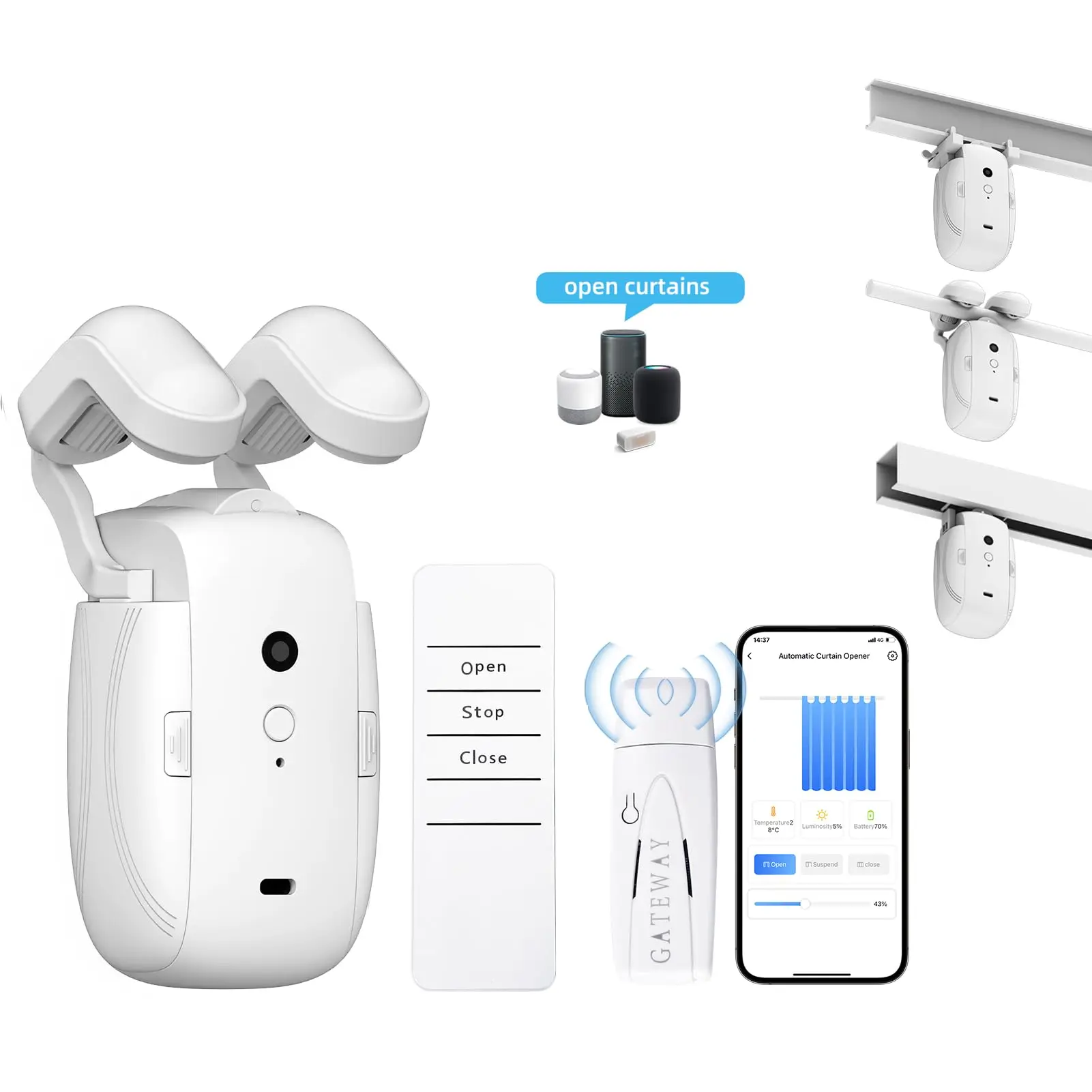 Controlador inteligente de cortina Wi-Fi - sem necessidade de instalação, controlado por aplicativo, temporizador, sensor de temperatura e luz, controle remoto.