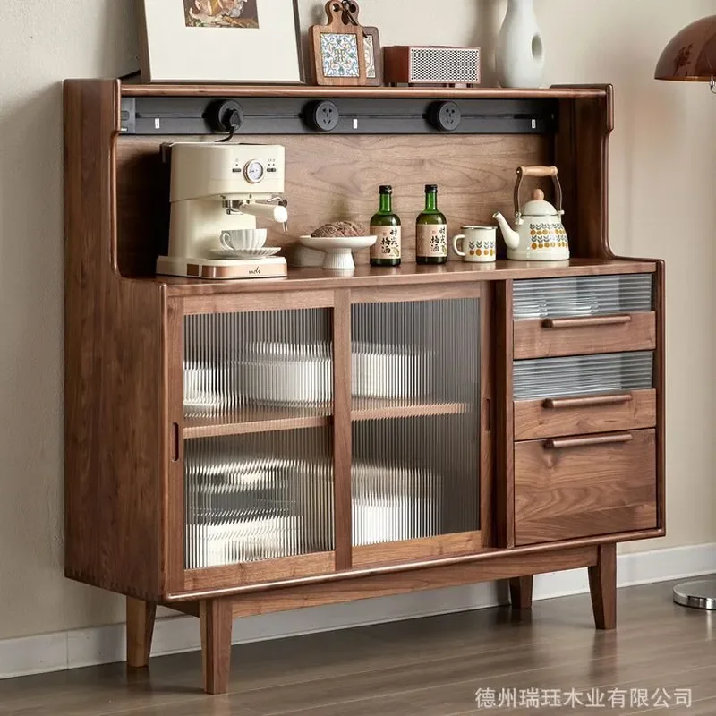 North American Solid Wood Dining Side Cabinet Black Walnut Light Luxury Small Tea Cabinet with Track Socket Restaurant
