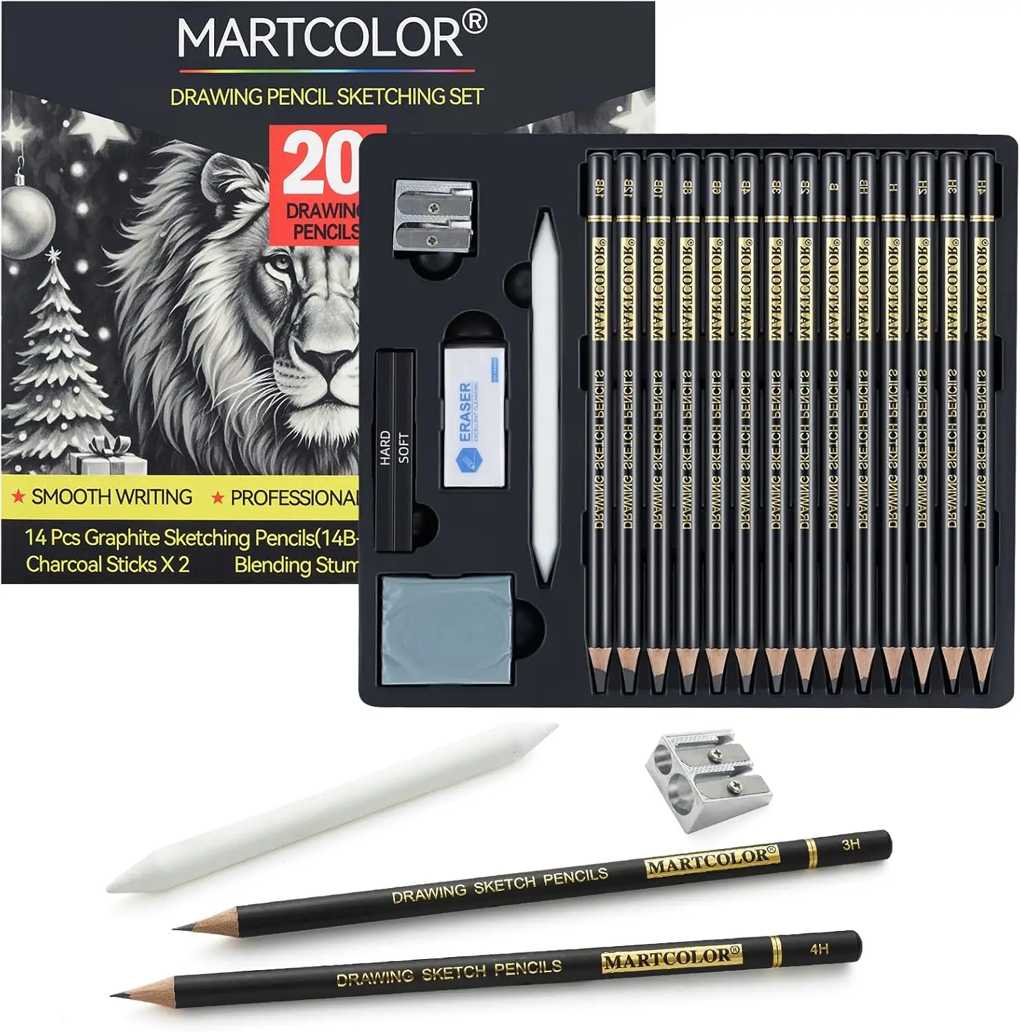 

20-Piece Drawing Pencil Set, Graphite 14B-4H, Charcoal, Blending Stump, Eraser & Sharpener, for Sketching Art, Beginners & Pros