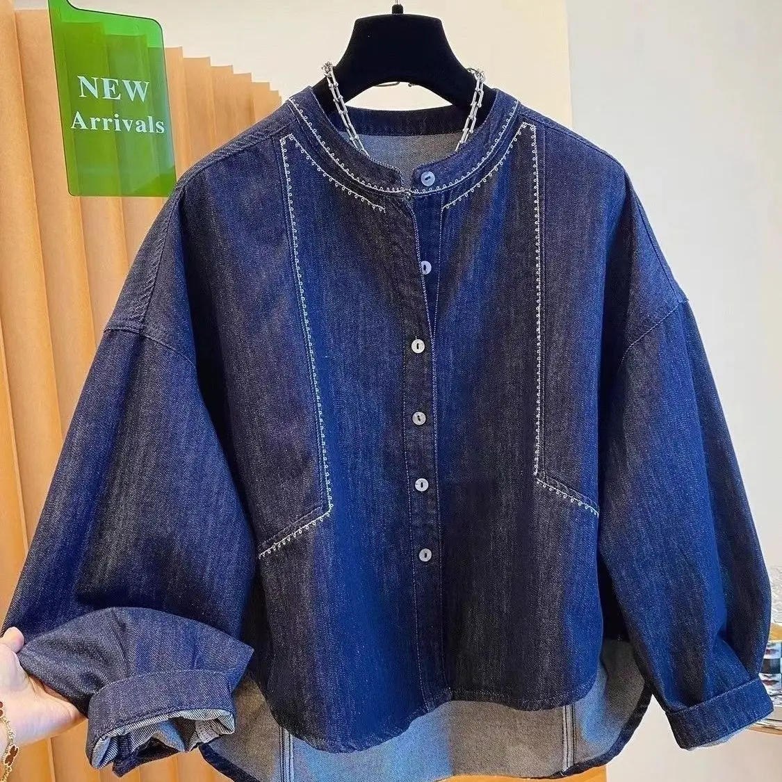 

Premium round neck denim shirt jacket women's autumn 2026 new loose casual super good-looking thin jacket top