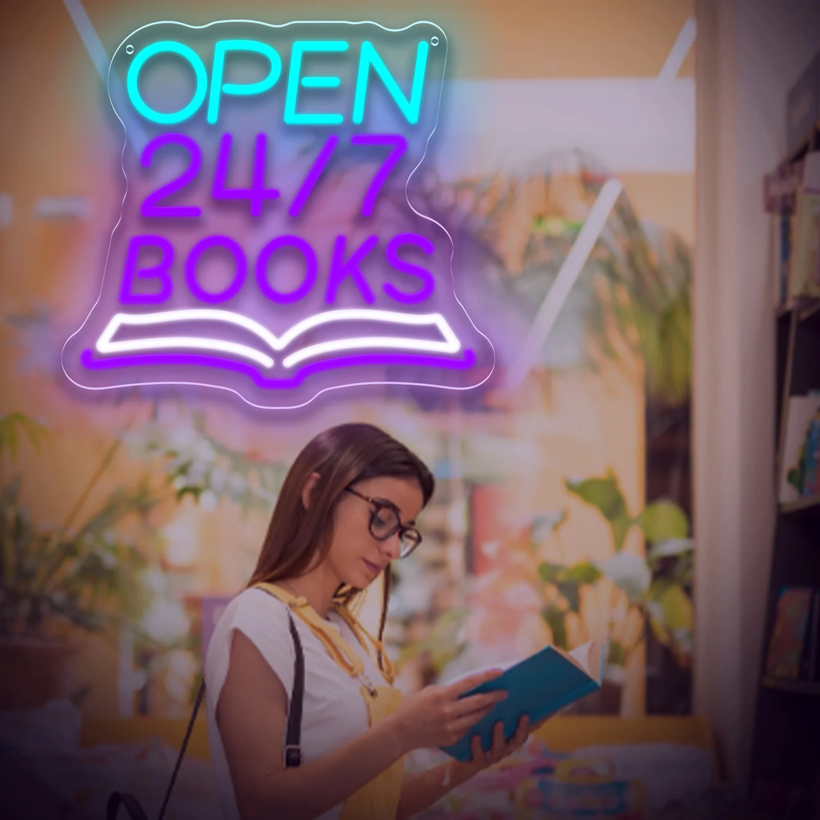 Open 24/7 Books LED Neon Sign USB Powered Dimmable Reading Nook Light for Bookstore Library Coffee Decor Gift for Book Lovers