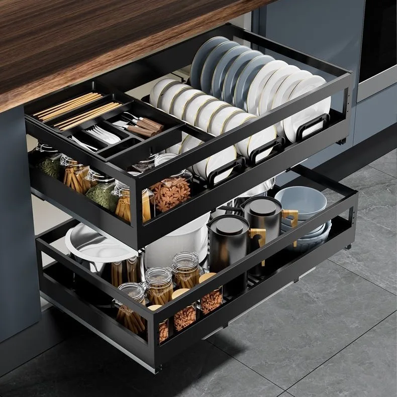2-Tier Stainless Steel Cabinet Organizer with Pull-Out Basket Built-In Dish Rack and Dish Drying Rack