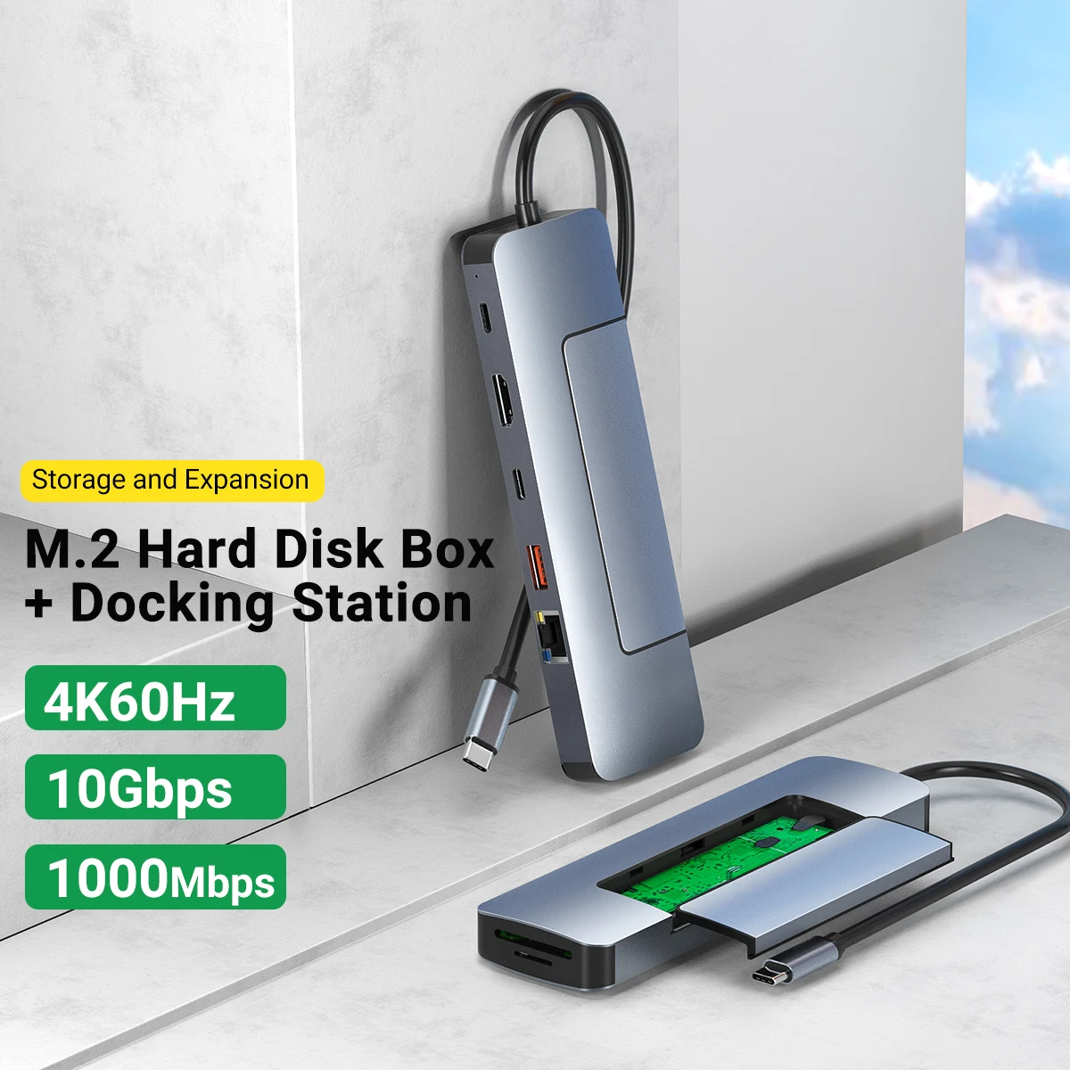 

8 In 1 M.2 Hard Disk Box Docking Station 4K60Hz Aluminum shell Type-C Hub With USB3.0 RJ45 HDMI PD 100W SD/TF For Phone,Laptop