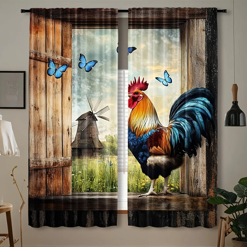 Farmhouse Rooster Windmill Butterfly Curtain 2 Pack, Wood Window Pasture Print Drapes for Rustic Bedroom Kitchen Living Room